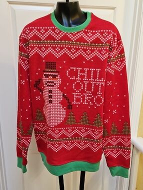 FIFTH SUN Red 'Chill Out Bro' Snowman Holiday SweatAHIRT - M. NWT